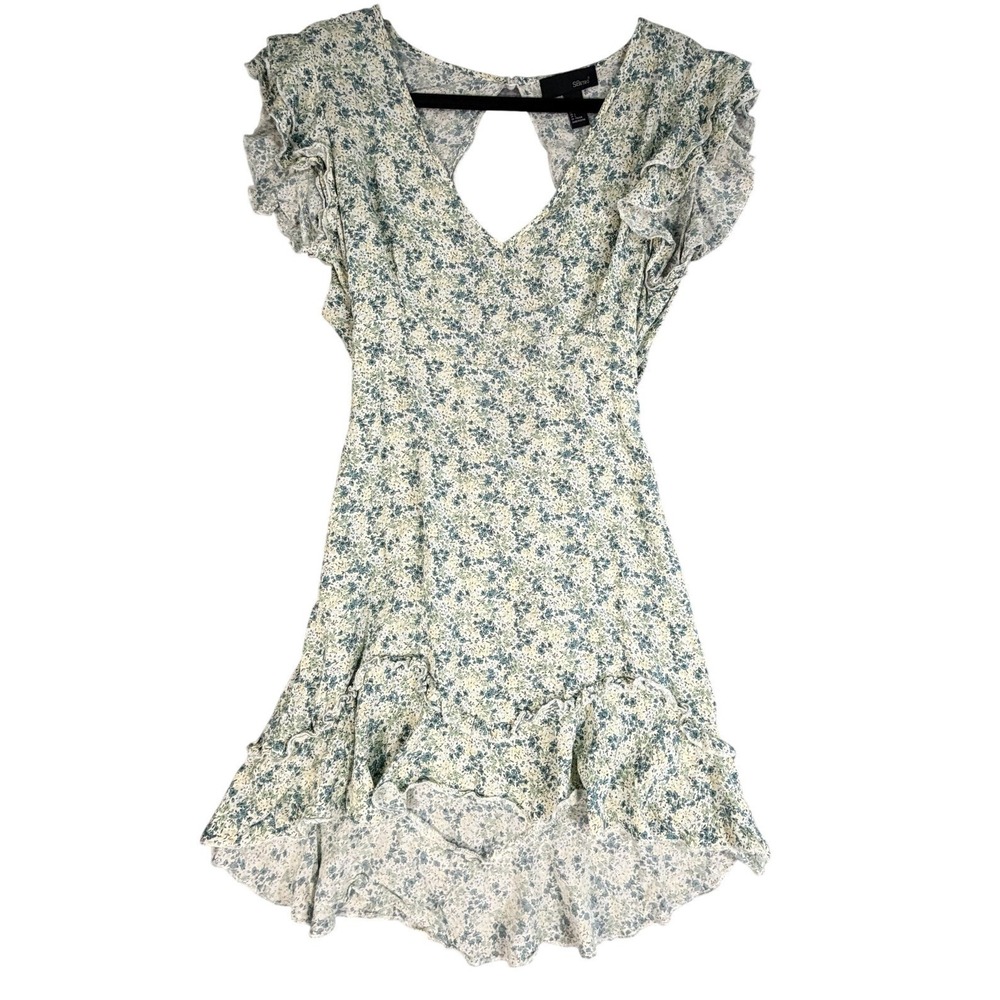 Floral Ruffle Y2K Keyhole Back Tie Mini Dress Womens Medium Blue Green Fairy